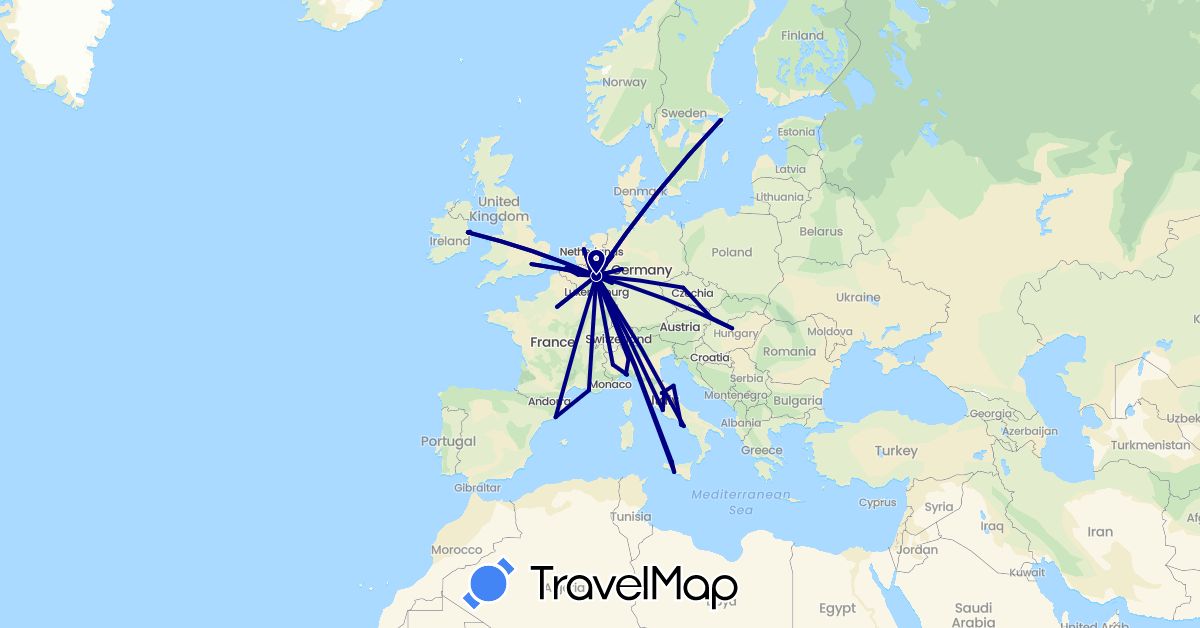TravelMap itinerary: driving in Belgium, Czech Republic, Germany, Spain, France, United Kingdom, Hungary, Ireland, Italy, Netherlands, Sweden, Slovakia (Europe)